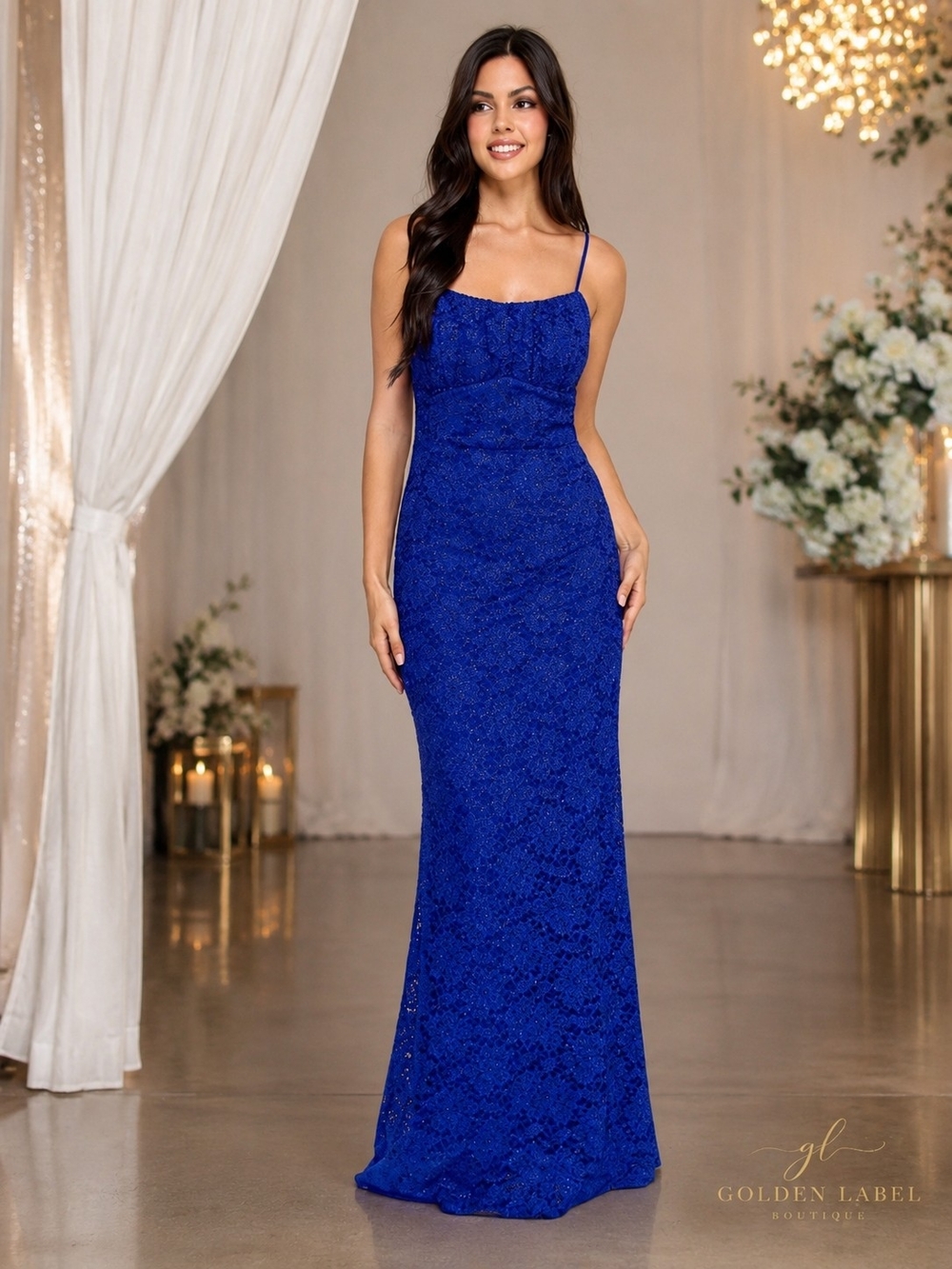Emerald Sundae Juniors Large Blue Glitter Lace Formal Gown Side Slit NWT